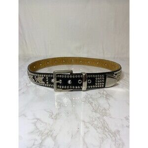 Embellished Black Leather Belt Silver Country Western Ladies Size 36